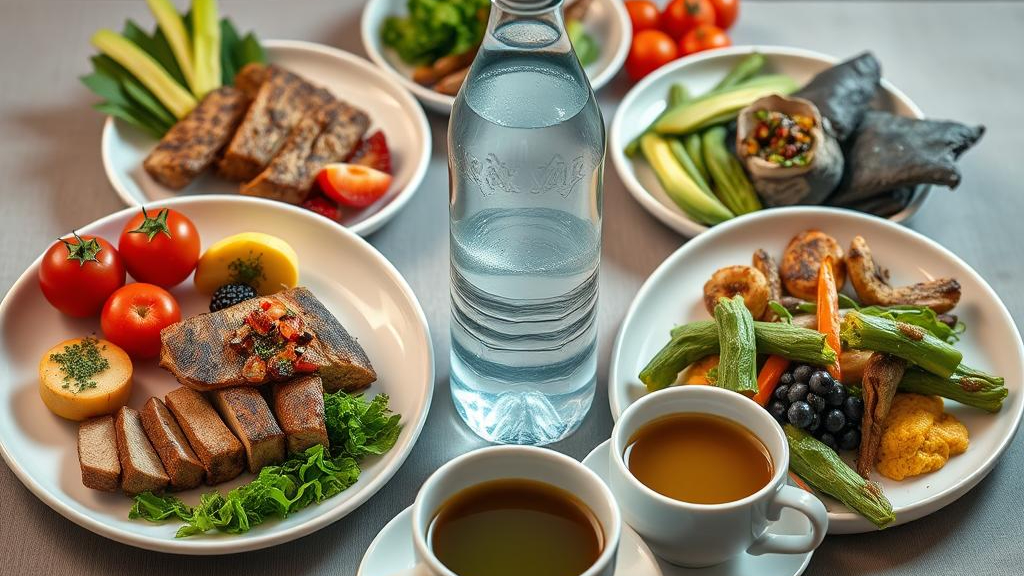 Mesa com vários pratos contendo uma dieta balanceada com frutas, vegetais, proteína, café, chá verde e uma garrafa de água